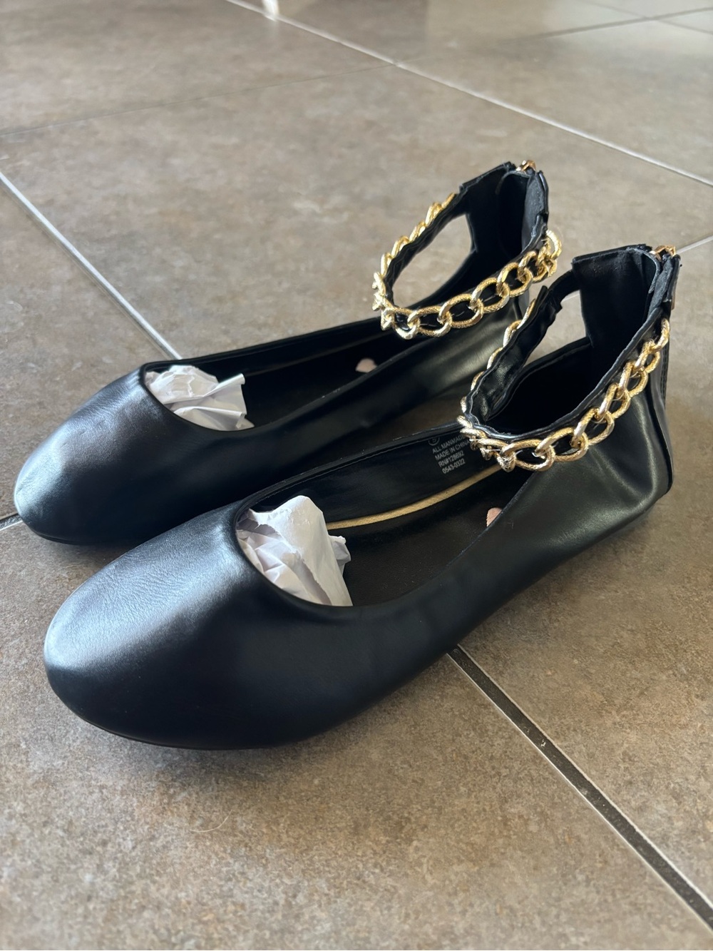 Steve Madden Black Ballet Flats with Gold Chain Ankle Strap